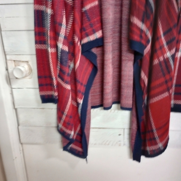 Say What 2X Cardigan Red Blue Plaid Contrast Trim Open Front Long Sleeve Stretch - Picture 7 of 11